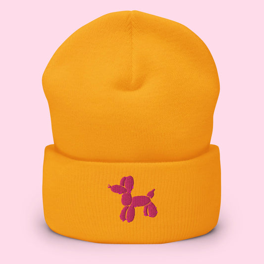 Balloon dog beanie - sunflower yellow with pink embroidery