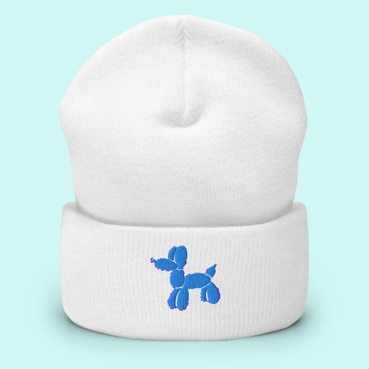 Balloon dog beanie - white with blue embroidery