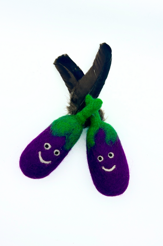 Eggplant cat toy with feather