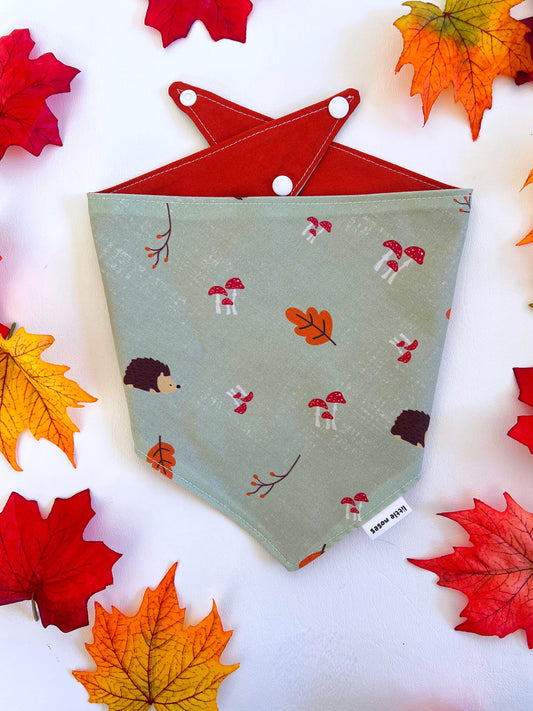 Hedgehogs and mushrooms reversible pet bandana