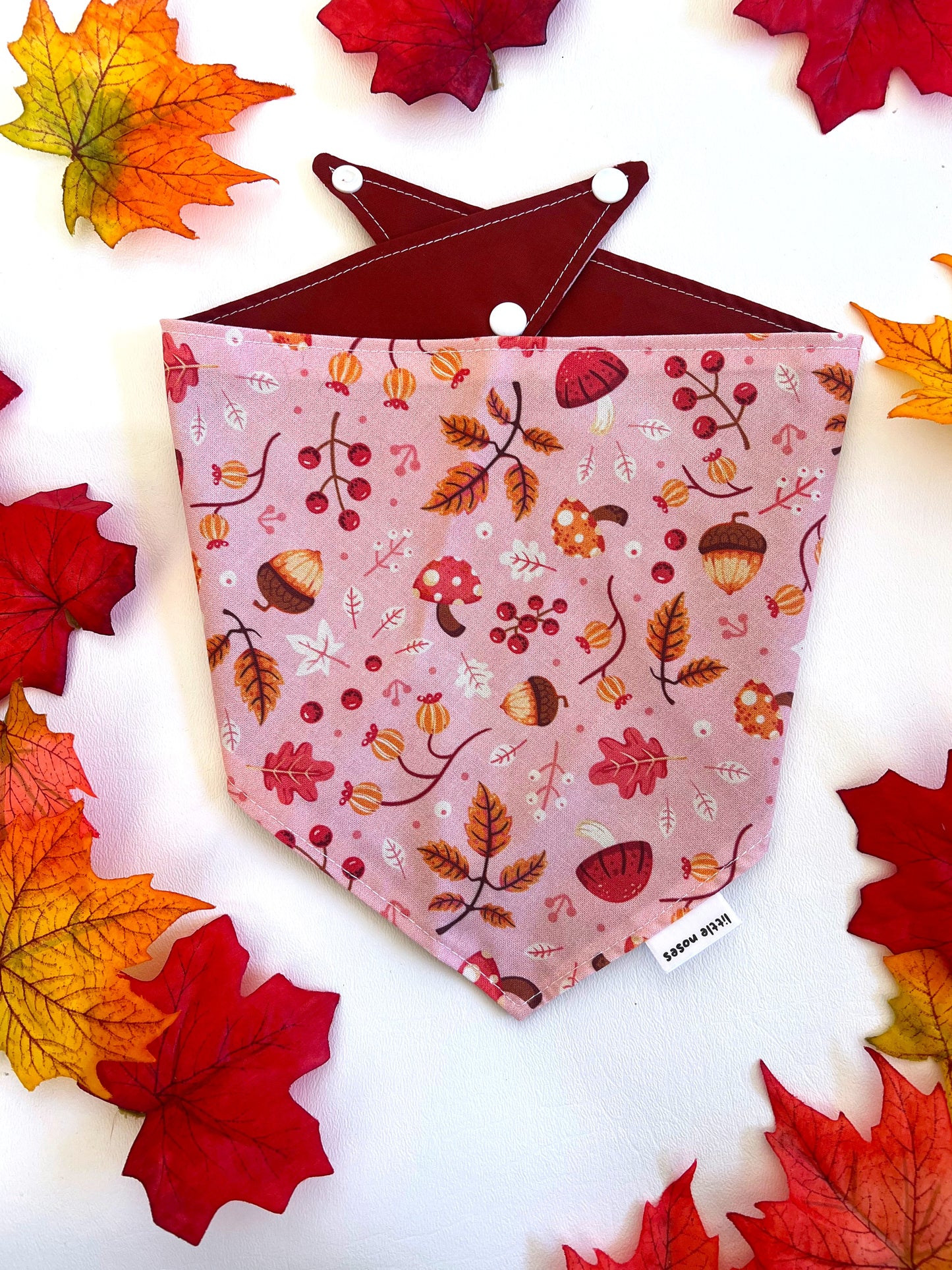 Pink leaves and acorns reversible pet bandana