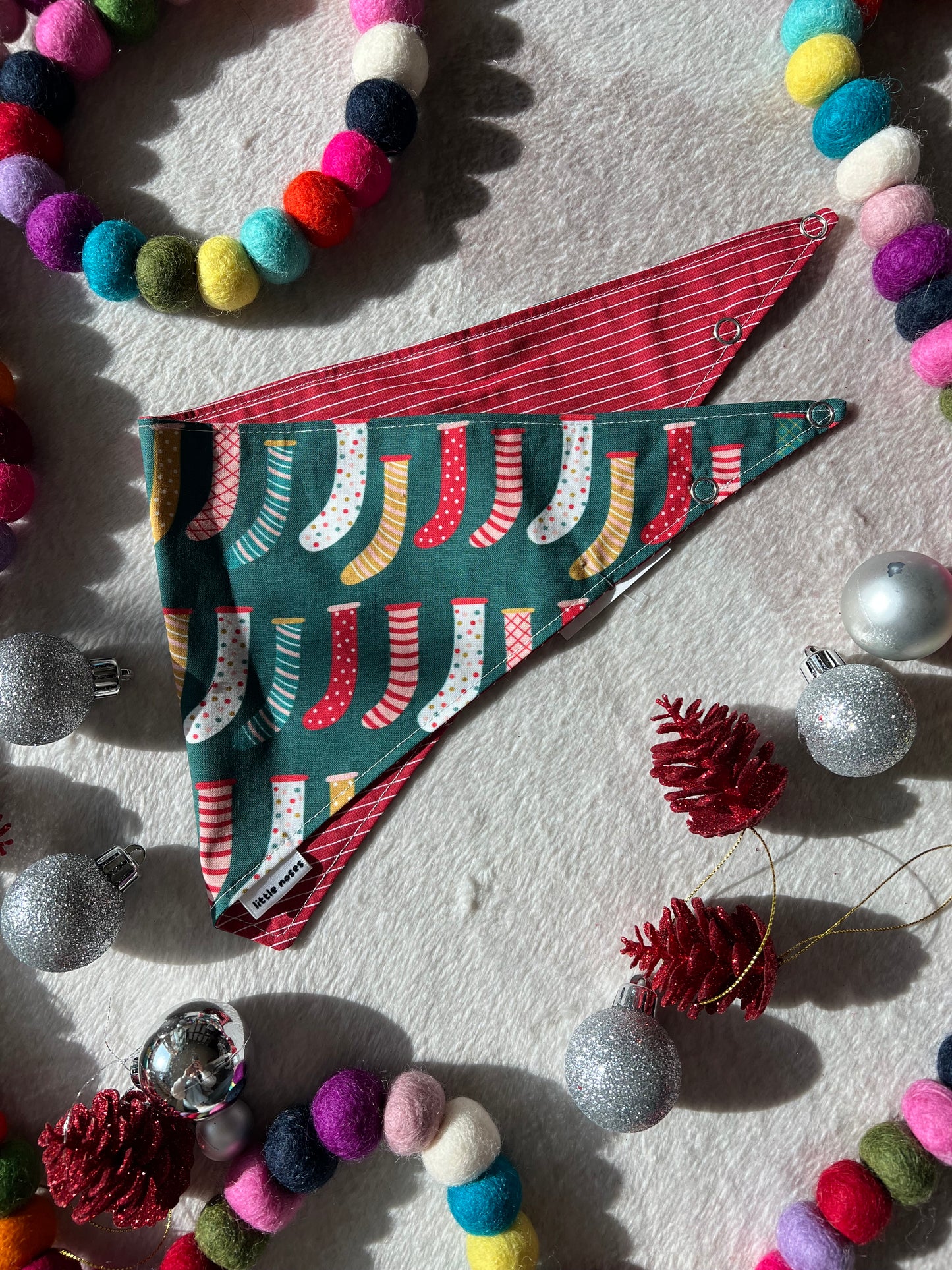 Dark green Christmas stocking reversible pet bandana