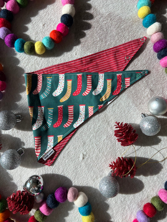 Dark green Christmas stocking reversible pet bandana