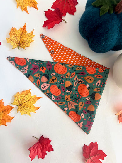 Pumpkins and acorns teal reversible pet bandana