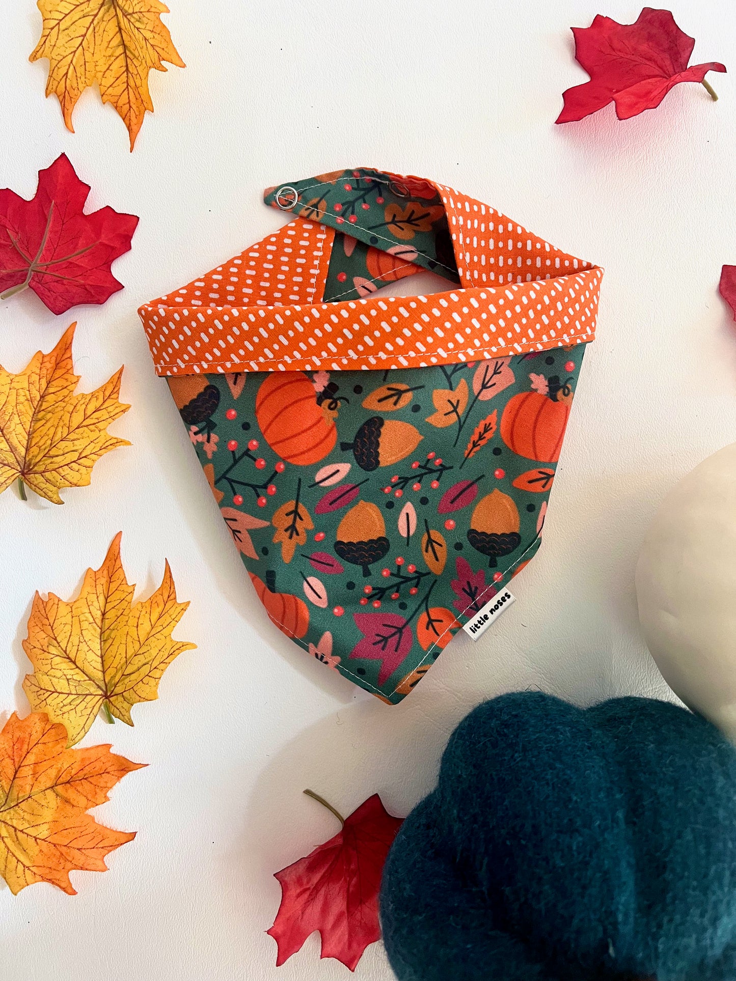 Pumpkins and acorns teal reversible pet bandana