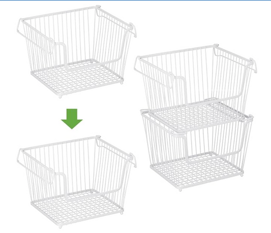 Stackable white wire metal baskets